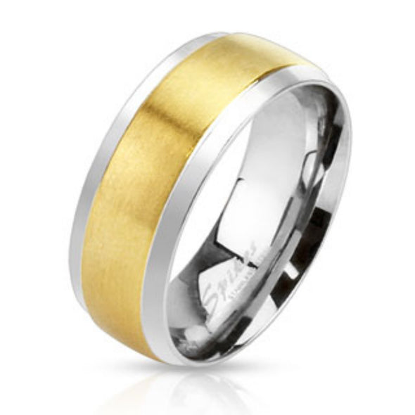 Center Gold IP Step Edge 2-Tone Band Ring Stainless Steel-WildKlass Jewelry