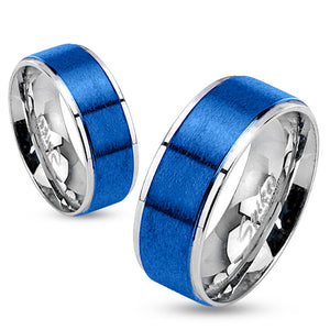 Step Edges Two Tone Brushed Blue IP Center Stainless Steel Band Ring-WildKlass Jewelry