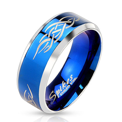 Tribal Inlay Stainless Steel Blue IP Band Ring-WildKlass Jewelry