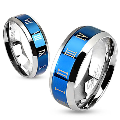 Roman Numerals Beveled Edge Stainless Steel Blue IP Center Band Ring-WildKlass Jewelry