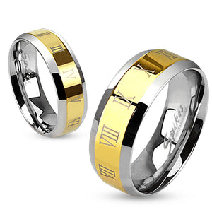 Roman Numerals Beveled Edge Stainless Steel Gold IP Center Band Ring-WildKlass Jewelry