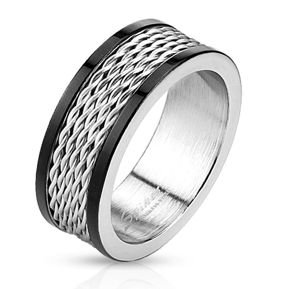 Multi Wire Center Stainless Steel Ring with Black IP Edges-WildKlass Jewelry