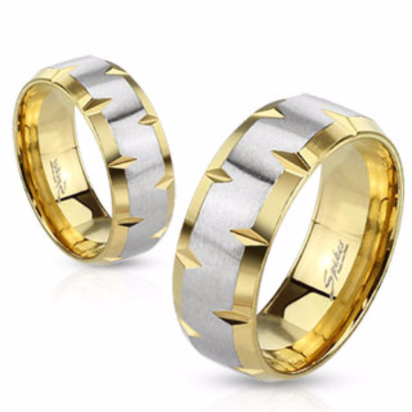 Indented Beveled Edges Stainless Steel Gold IP ring-WildKlass Jewelry