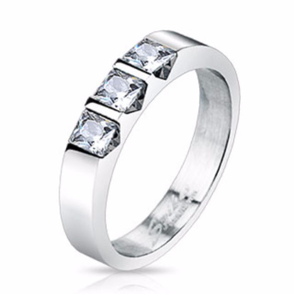 Triple Square Cut CZ Set Band Ring Stainless Steel-WildKlass Jewelry