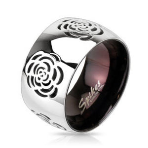 Grooved Rose Two Tone Black IP Band Ring Stainless Steel-WildKlass Jewelry
