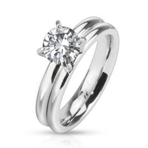 Prong CZ Solitaire Grooved Dome Band Ring Stainless Steel-WildKlass Jewelry