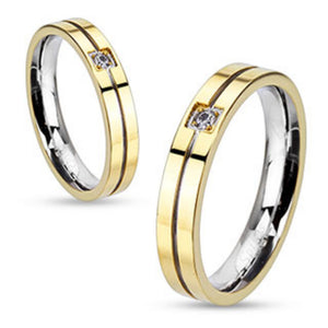 Grooved Center with Clear CZ Center Gold IP Band Ring Stainless Steel-WildKlass Jewelry