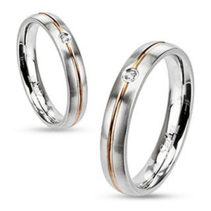 Striped Rose Gold IP with Clear CZ Band Ring Stainless Steel-WildKlass Jewelry