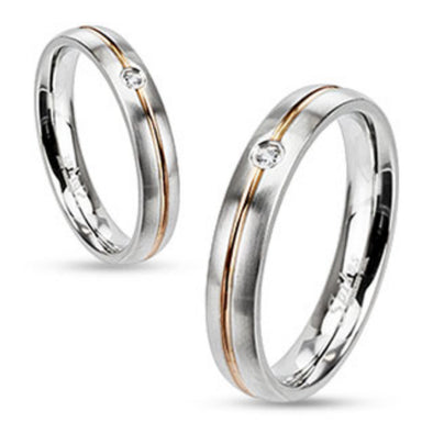 Striped Rose Gold IP with Clear CZ Band Ring Stainless Steel-WildKlass Jewelry