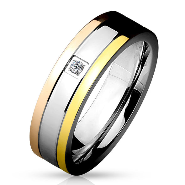 Triple Tone IP Grooved Single CZ Center Band Ring Stainless Steel-WildKlass Jewelry