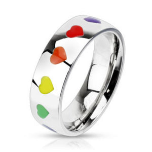 Rainbow Hearts Dome Band Ring Stainless Steel-WildKlass Jewelry