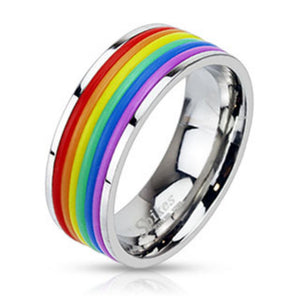 Rainbow Rubber Striped Band Ring Stainless Steel-WildKlass Jewelry