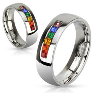 Centered String of Rainbow Color Gems Band Ring Stainless Steel-WildKlass Jewelry