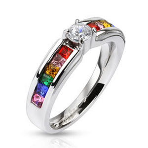 Clear Center Gem and Rainbow CZs Stainless Steel Engagement Band Ring-WildKlass Jewelry
