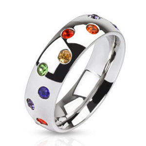 Multi Paved Rainbow CZs Stainless Steel Dome Band Ring-WildKlass Jewelry