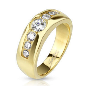 Center CZ with Paved CZ on Sides Gold IP Band Ring Stainless Steel-WildKlass Jewelry