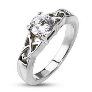 Knotted Frame with Clear CZ Solitaire Prong Set Ring Stainless Steel-WildKlass Jewelry