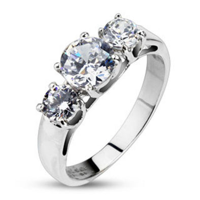 Clear Round CZ Triple Prong Set Ring Stainless Steel-WildKlass Jewelry