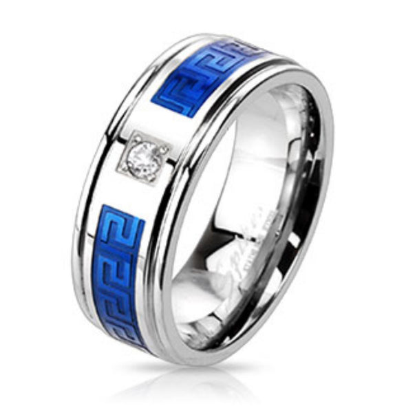 Round CZ Centered Maze Inlay Two Tone Blue IP Band Ring Stainless Steel-WildKlass Jewelry