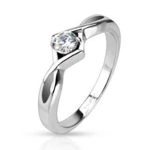 Single Knotted Frame Prong CZ Solitaire Band Ring Stainless Steel-WildKlass Jewelry