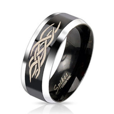 Centered Tribal Inlay Two Tone Black IP Band Ring Stainless Steel-WildKlass Jewelry