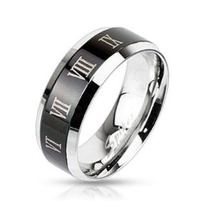 Center Black IP with Roman Numerals Beveled Edge Band Ring Stainless Steel-WildKlass Jewelry