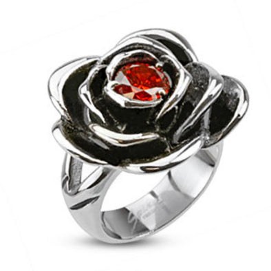 Red CZ Centered Fully Bloomed Rose Cast Ring Stainless Steel-WildKlass Jewelry