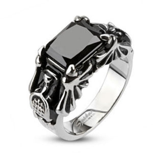 Faceted Rectagle Onyx Gem Cyber Bat Wings Cast Ring Stainless Steel-WildKlass Jewelry