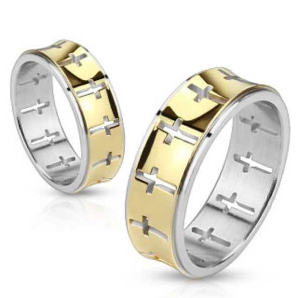 Cut Out Crosses On Gold IP Center Stainless Steel Ring-WildKlass Jewelry