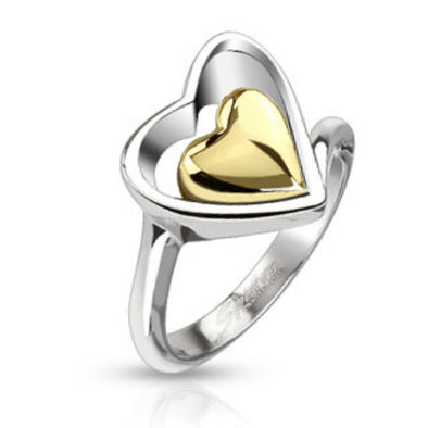 Heart Gold IP Within Hollow Heart Band Ring Stainless Steel-WildKlass Jewelry