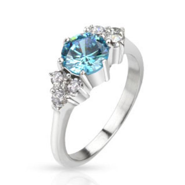 Stainless Steel Large Sea Blue CZ with Multi CZ on Side Prong Set Band Ring-WildKlass Jewelry