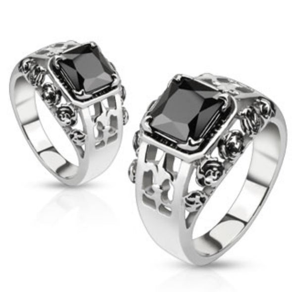 Rose Royal Fleur De Lis Set Black Square Gem Cast Ring Stainless Steel-WildKlass Jewelry