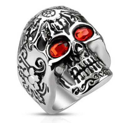 Day of The Dead Skull with Red CZ Eyes Stainless Steel Cast Ring-WildKlass Jewelry