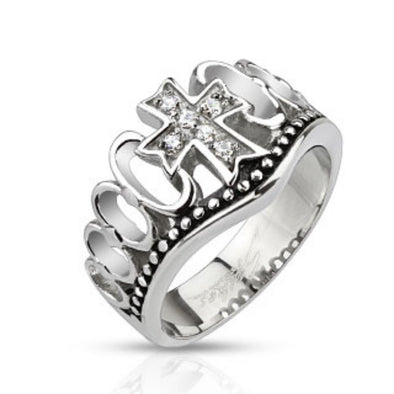 Multi CZ Paved Cross Crown Cast Ring Stainless Steel-WildKlass Jewelry