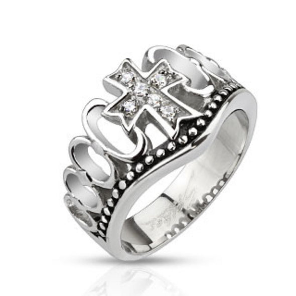 Multi CZ Paved Cross Crown Cast Ring Stainless Steel-WildKlass Jewelry