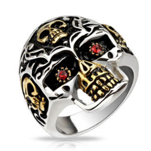 Skull Gold IP Accent with Red CZ Eyes Skull Cast Ring Stainless Steel-WildKlass Jewelry