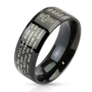Outlined Cross and Lord's Prayer Beveled Edge Stainless Steel Black IP Band Ring-WildKlass Jewelry