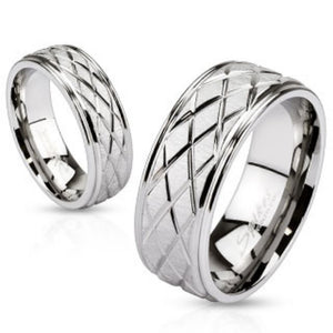 Diamond Groove Cut Engraved Two Tone Band Ring Stainless Steel-WildKlass Jewelry
