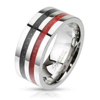 Double Black and Red Carbon Fiber Inlay Wide Band Ring Stainless Steel-WildKlass Jewelry