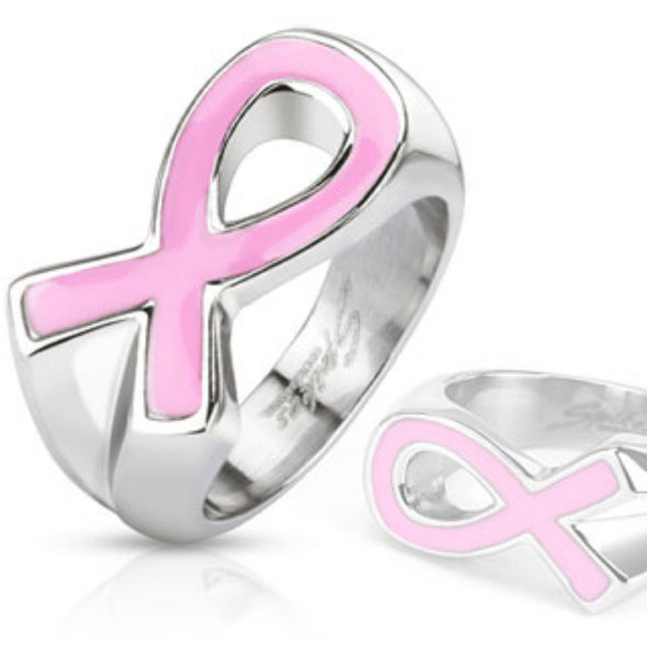 Pink Ribbon Cancer Awareness Enamel Filled Cast Band Ring Stainless Steel-WildKlass Jewelry