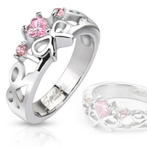 Pink Heart Gemmed Ribbons Cast Ring Stainless Steel-WildKlass Jewelry