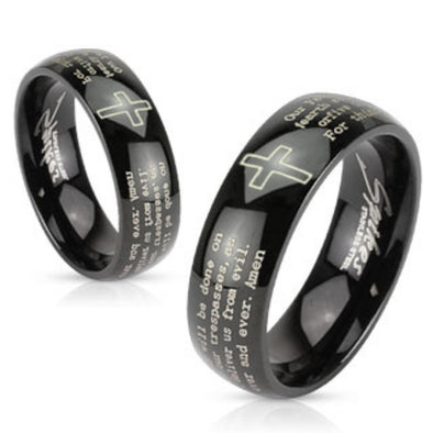 Cross and Lords Prayer Black IP Stainless Steel Dome Band Ring-WildKlass Jewelry