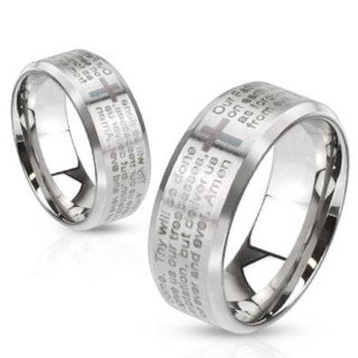Lord's Prayer Laser Etched Over Brushed Finished Beveled Edge Stainless Steel Ring-WildKlass Jewelry