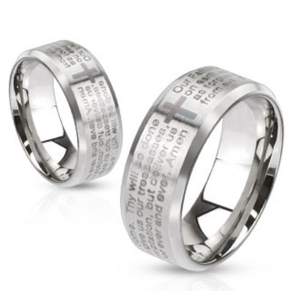 Lord's Prayer Laser Etched Over Brushed Finished Beveled Edge Stainless Steel Ring-WildKlass Jewelry