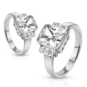 Radiant Cut Solitaire and Paved CZs on Sides Stainless Steel Engagement Ring-WildKlass Jewelry