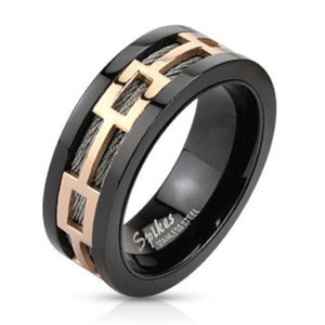 Rose Gold Hollow Rectangles Over Black Wires Black IP Band Ring-WildKlass Jewelry