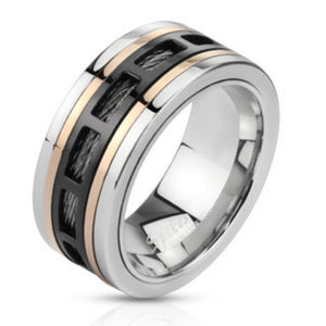 Three Tone Hollow Rectangle Patterns Over Black Wire Stainless Steel Band Ring-WildKlass Jewelry