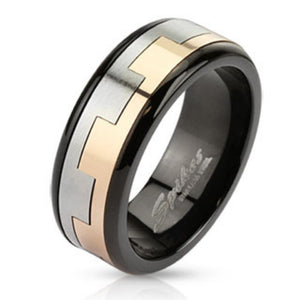 Square Link Pattern Two Tone Spinner Black IP Band Ring Stainless Steel-WildKlass Jewelry