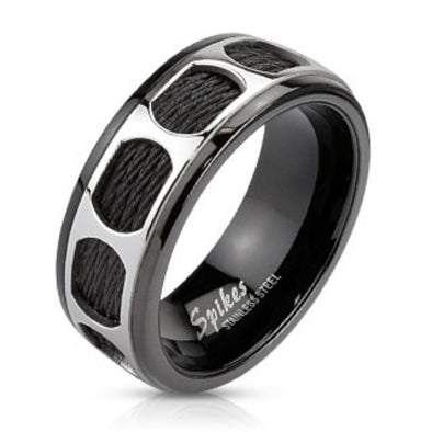 Circular Pattern Over Black Wires Black IP Band Ring Stainless Steel-WildKlass Jewelry
