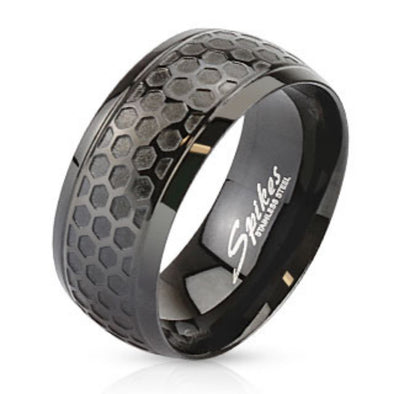 Honeycomb Patterned Dome Ring Stainless Steel Black IP-WildKlass Jewelry